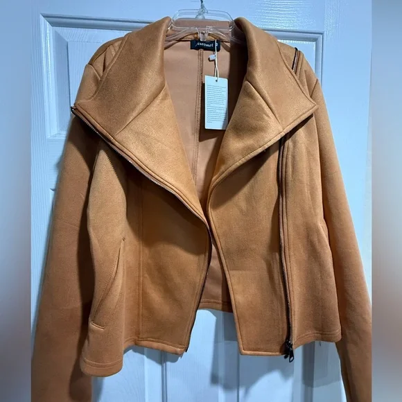Automet Camel Moto Jacket NWT Faux Suede Zip Up Biker Jacket Neutral Chic Medium - Picture 2 of 4